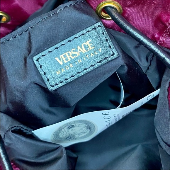 NEW!!! Versace Deep Fuschia Nylon and Black Leather Drawstring Bucket Bag - Picture 6 of 15